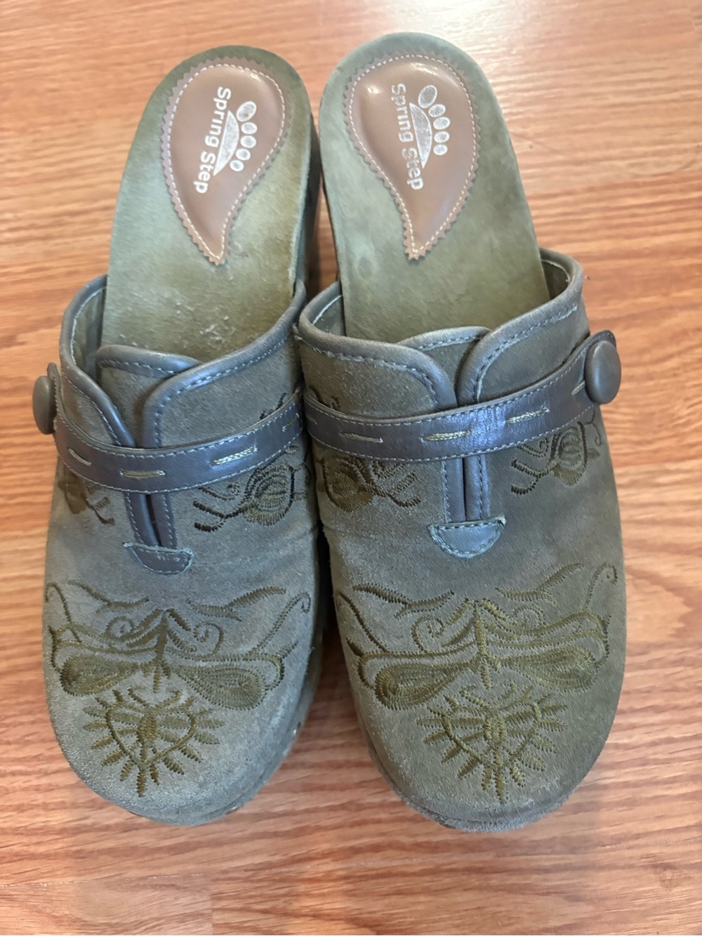 Spring Step Olive Green Suede Embroidered Mules